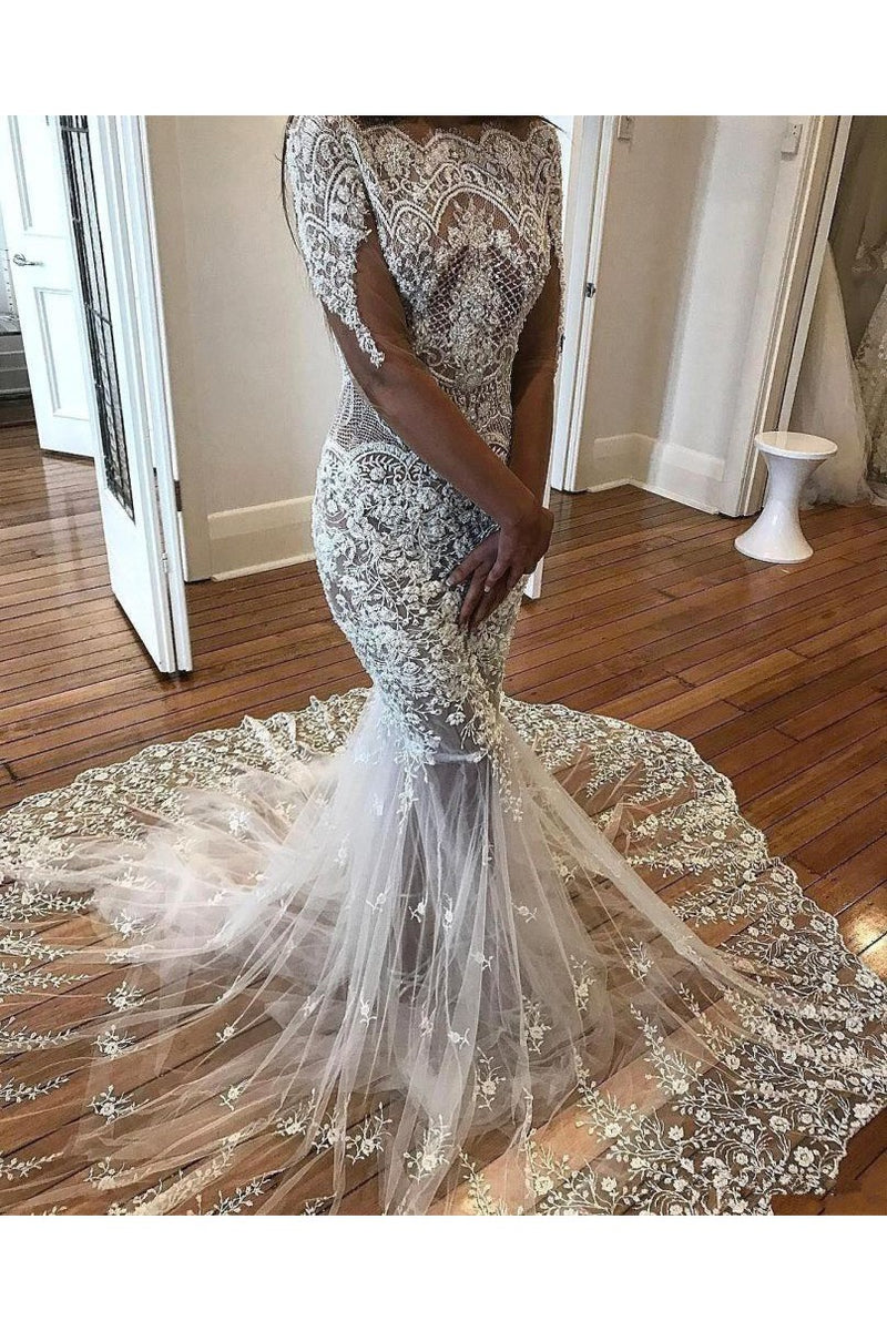 Modern Mermaid Long Sleeves Lace Wedding Dress Modern Flowers See Through Tulle Bride Dress Modern Mermaid Long Sleeves Lace Wedding Dress Modern Flowers See Through Tulle Bride Dress