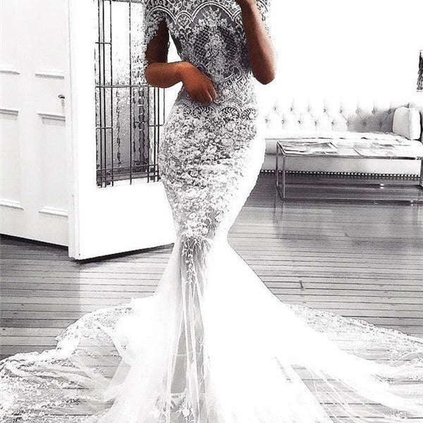 Modern Mermaid Long Sleeves Lace Wedding Dress Modern Flowers See Through Tulle Bride Dress Modern Mermaid Long Sleeves Lace Wedding Dress Modern Flowers See Through Tulle Bride Dress