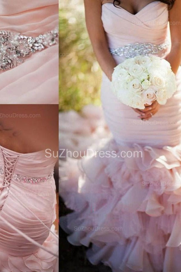 mermaid pink wedding dress Modern Mermaid Sweetheart Wedding Dresses Pink Crystal Lace Up Lovely Ruffless Bridal Gowns