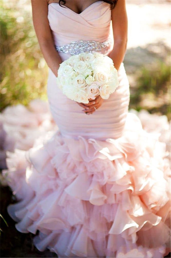 Modern Mermaid Sweetheart Wedding Dresses Pink Crystal Lace Up Lovely Ruffless Bridal Gowns Modern Mermaid Sweetheart Wedding Dresses Pink Crystal Lace Up Lovely Ruffless Bridal Gowns