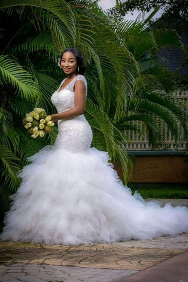 Modern Mermaid V neck Wedding Dresses Sleeveless Beading Court Train Bridal Gown-Ballbella