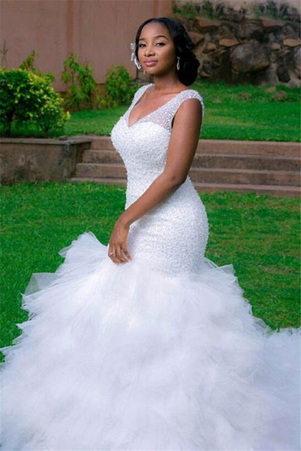 Modern Mermaid V neck Wedding Dresses Sleeveless Beading Court Train Bridal Gown-Ballbella