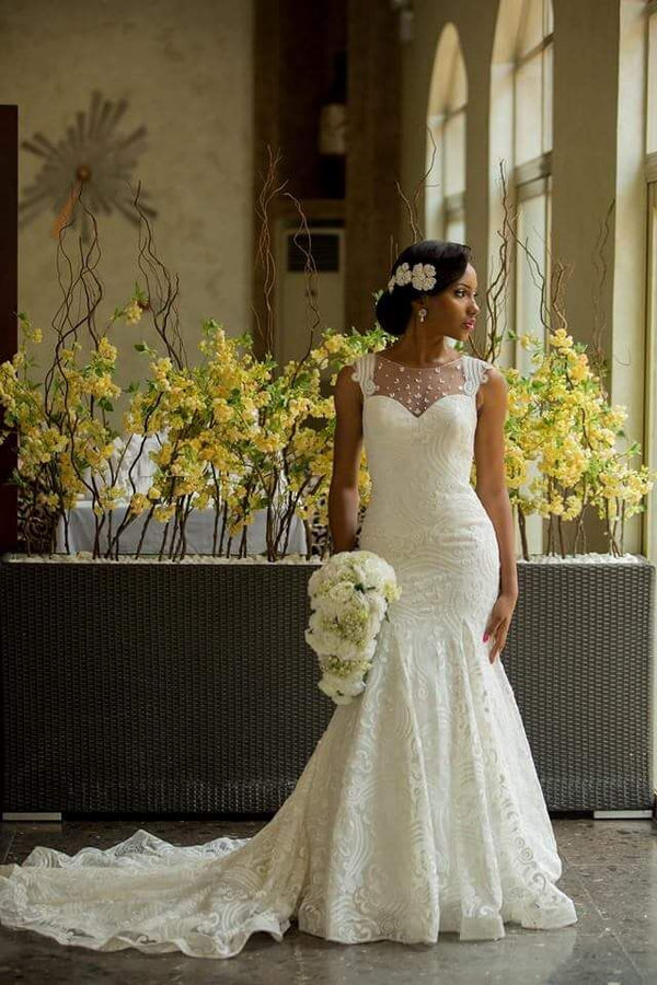 Modern Mermaid Vintage Wedding Dress with Special Lace Beading Sheer Back Bridal Gowns Modern Mermaid Vintage Wedding Dress with Special Lace Beading Sheer Back Bridal Gowns