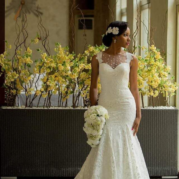 chinese dress ladies Mermaid High Neck Wedding Dresses,Vintage Wedding Dress with Sheer Back,WD00584, US2 / Champagne main image 1