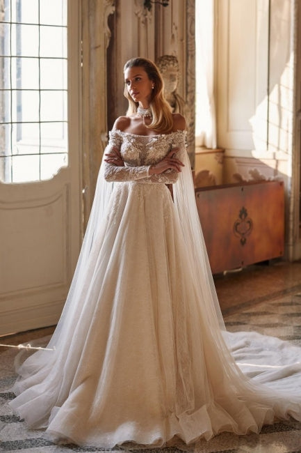 Modern Modest Off-the-Shoulder Long Sleevess Long Lace Wedding Dresses Online Beadings-Ballbella
