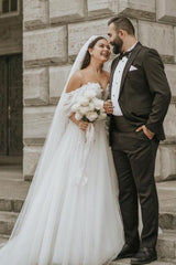 Modern Off-the-Shoulder Cap Sleeves Long tulle Wedding Dresses Online-Ballbella