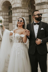 Modern Off-the-Shoulder Cap Sleeves Long tulle Wedding Dresses Online-Ballbella