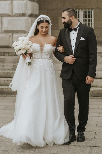 Modern Off-the-Shoulder Cap Sleeves Long tulle Wedding Dresses Online-Ballbella