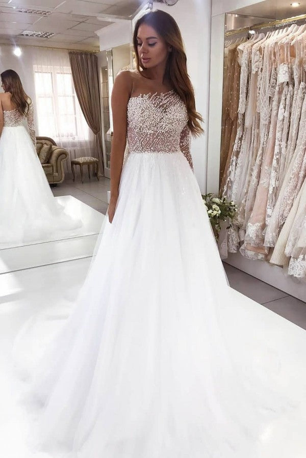 Searching for a dress in lace, A-line style, and delicate Lace,Pearls work? We meet all your need with this Classic Modern One-shoulder Asymmetric Chiffon wedding dresses at factory price.
