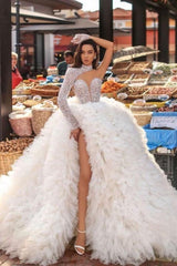 Modern One Shoulder Feather Splitfront Wedding Party Gown Glitter Sequins-Ballbella