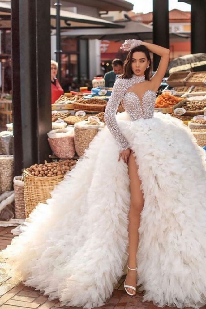 Modern One Shoulder Feather Splitfront Wedding Party Gown Glitter Sequins-Ballbella