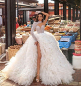 Ballbella offers Modern One Shoulder Feather Splitfront Wedding Party Gown Glitter Sequins at a good price, 1000+ styles, fast delivery.