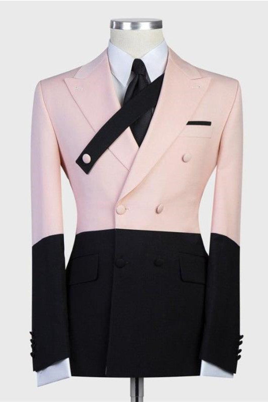 Modern Pink and Black Double Breasted Peaked Lapel Men Suits