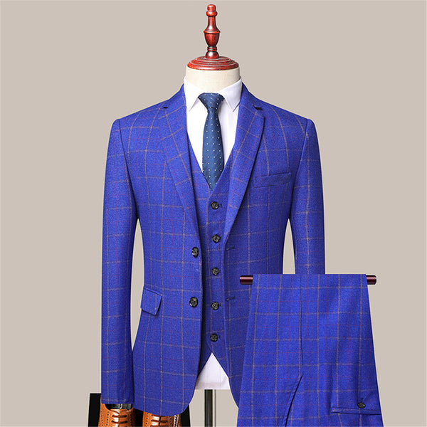 Modern Royal Blue Classic Plaid Slim Fit Formal Men Suits-Ballbella