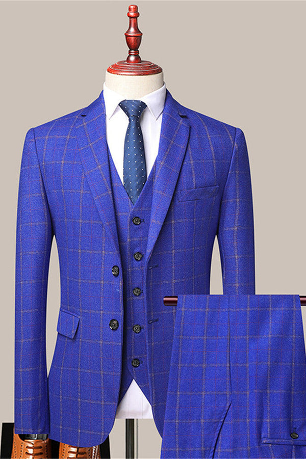 Modern Royal Blue Classic Plaid Slim Fit Formal Men Suits