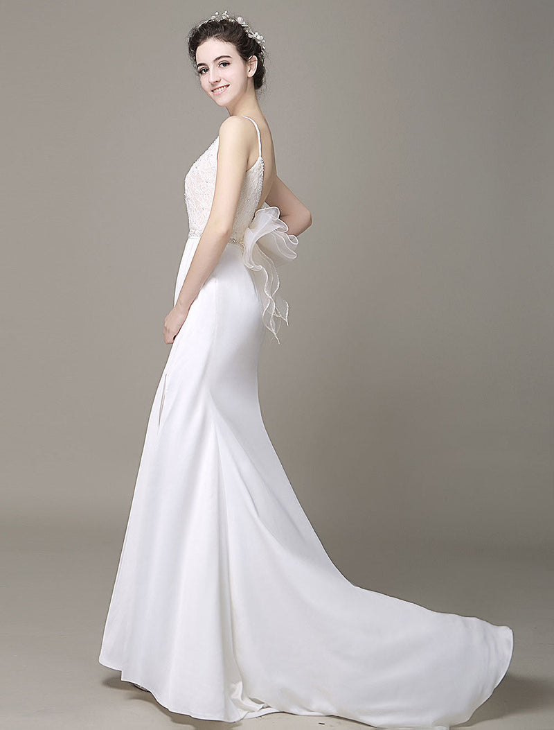 satin sheath wedding dress Modern Satin Sheath Wedding Dress Plunging Neckline Bow Back Belt Lace Beading Evening Dress Milanoo