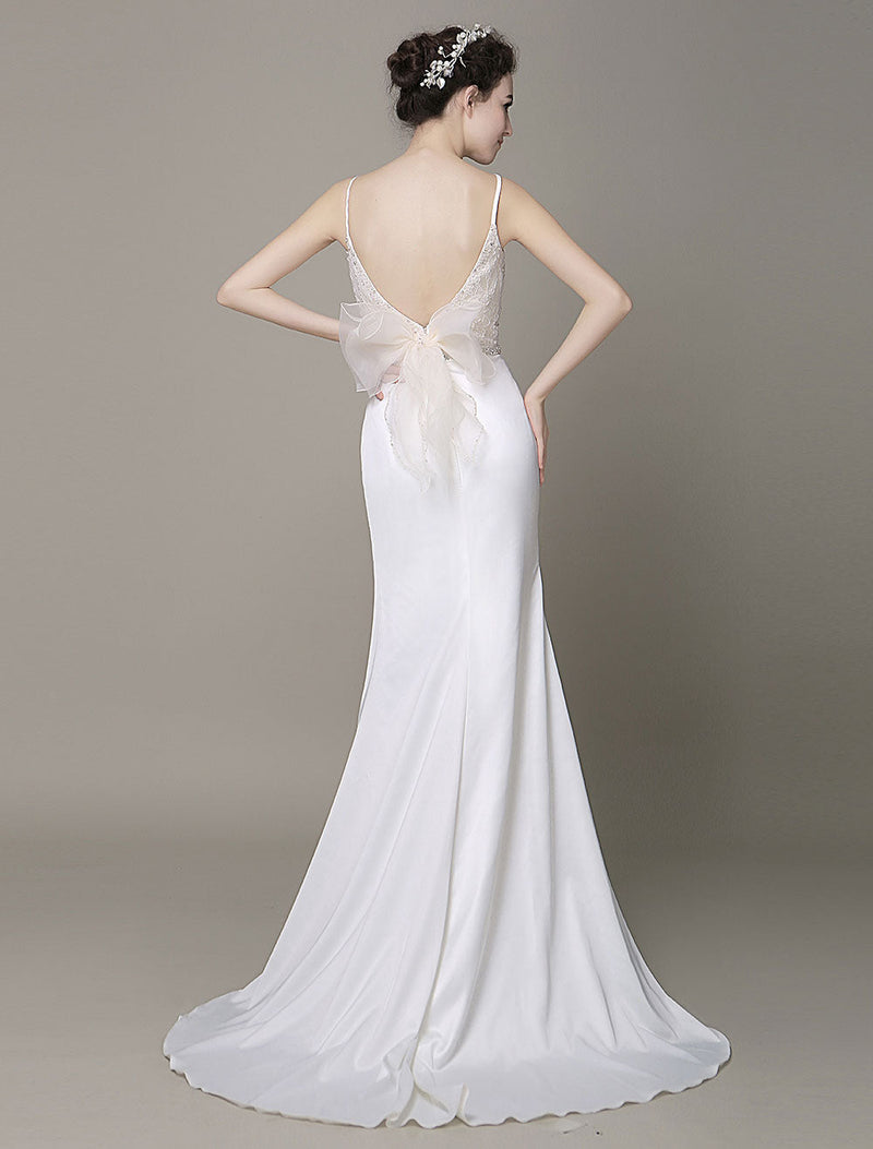Modern Satin Sheath Wedding Dress Plunging Neckline Bow Back Belt Lace Beading Evening Dress Milanoo-Ballbella