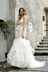 Modern See through Lace Mermaid Lace Sleeveless Ivory Wedding Dress with Ruffles Train-Ballbella