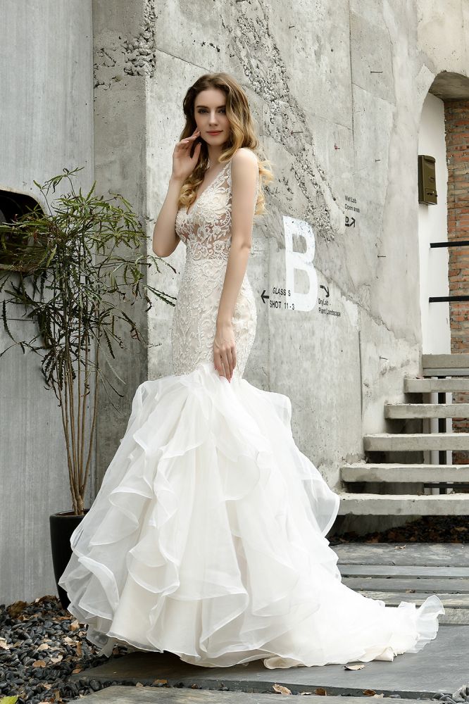 Modern See through Lace Mermaid Lace Sleeveless Ivory Wedding Dress with Ruffles Train-Ballbella