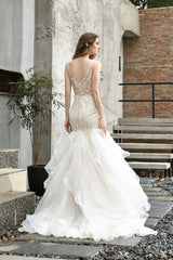 Modern See through Lace Mermaid Lace Sleeveless Ivory Wedding Dress with Ruffles Train-Ballbella