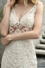 Modern See through Lace Mermaid Lace Sleeveless Ivory Wedding Dress with Ruffles Train-Ballbella