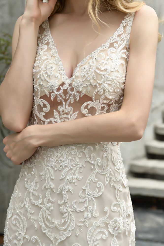 Modern See through Lace Mermaid Lace Sleeveless Ivory Wedding Dress with Ruffles Train-Ballbella