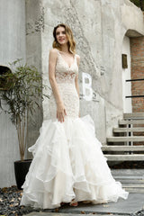 Modern See through Lace Mermaid Lace Sleeveless Ivory Wedding Dress with Ruffles Train-Ballbella