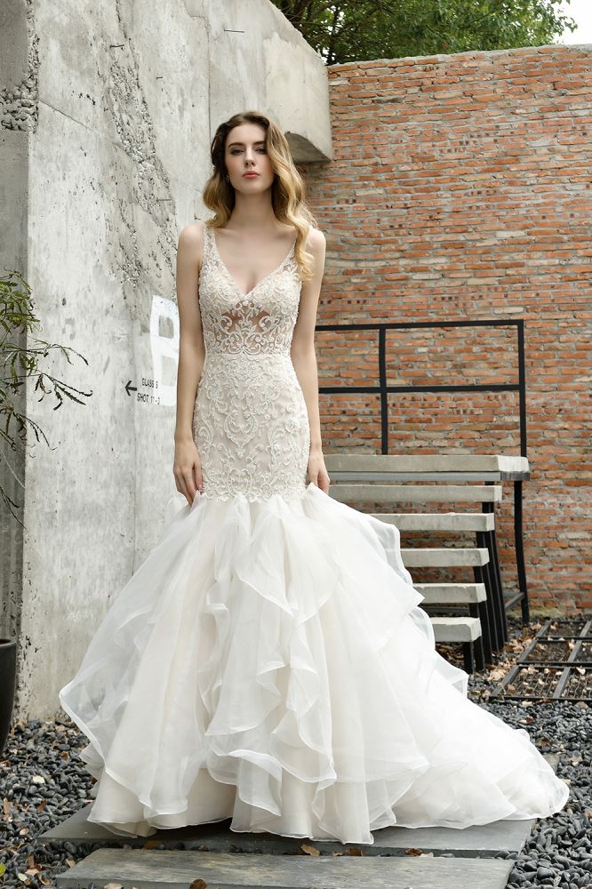 Modern See through Lace Mermaid Lace Sleeveless Ivory Wedding Dress with Ruffles Train-Ballbella