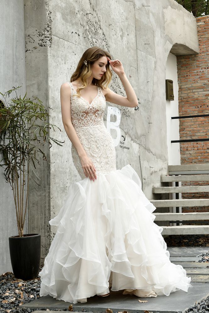 Modern See through Lace Mermaid Lace Sleeveless Ivory Wedding Dress with Ruffles Train-Ballbella