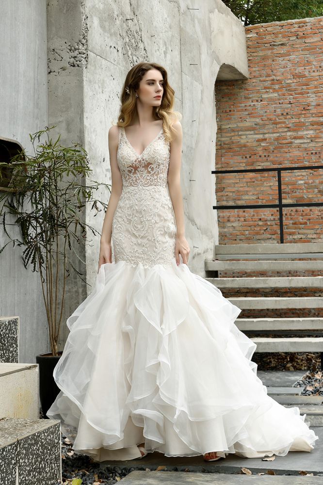 Modern See through Lace Mermaid Lace Sleeveless Ivory Wedding Dress with Ruffles Train-Ballbella