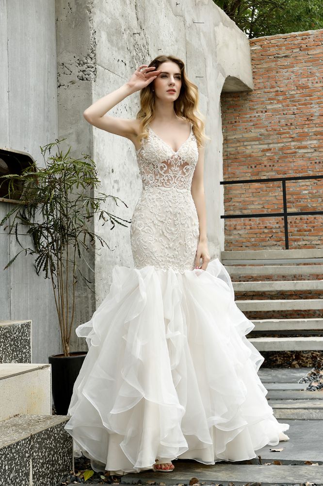 Modern See through Lace Mermaid Lace Sleeveless Ivory Wedding Dress with Ruffles Train-Ballbella