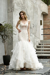 Modern See through Lace Mermaid Lace Sleeveless Ivory Wedding Dress with Ruffles Train-Ballbella