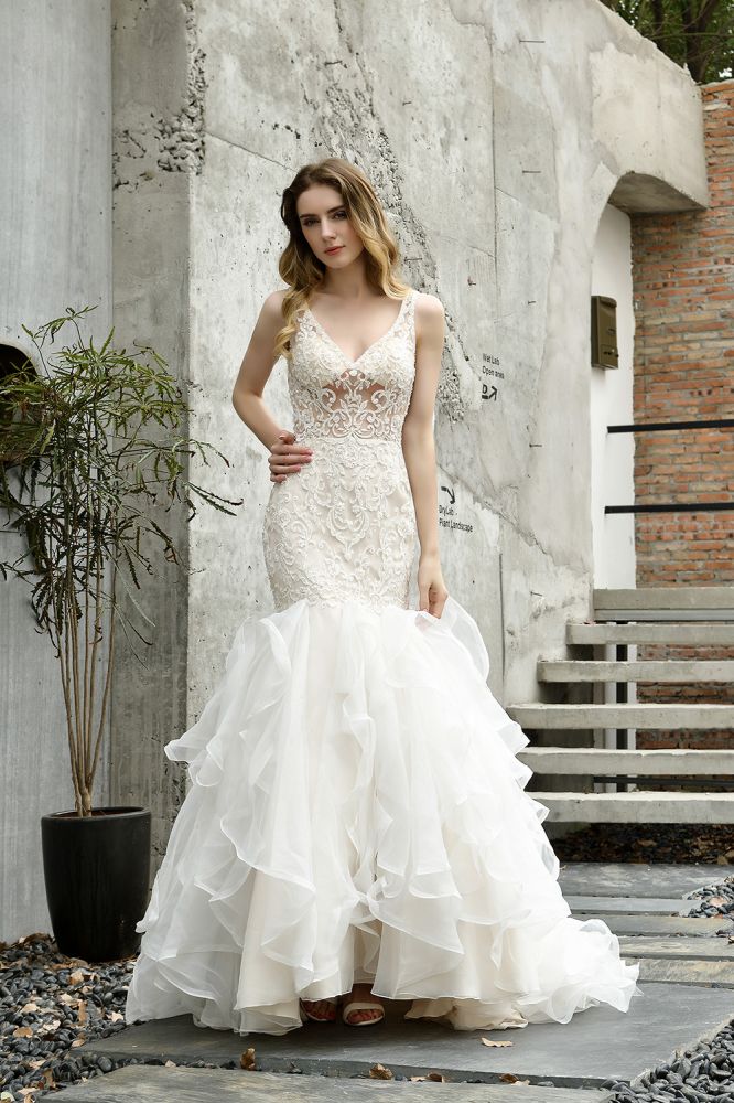 Modern See through Lace Mermaid Lace Sleeveless Ivory Wedding Dress with Ruffles Train-Ballbella