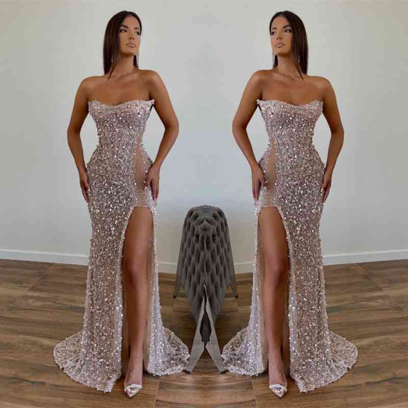 Modern Sequined Long Strapless A-line Evening Prom Dresses with Front Slit-Ballbella