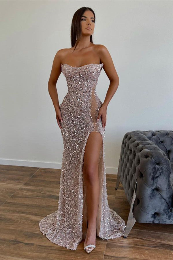 Strapless Champagne Gold Sequin Prom Dresses, High Slit Gown, Evening Dresses, Newest Prom Dresses