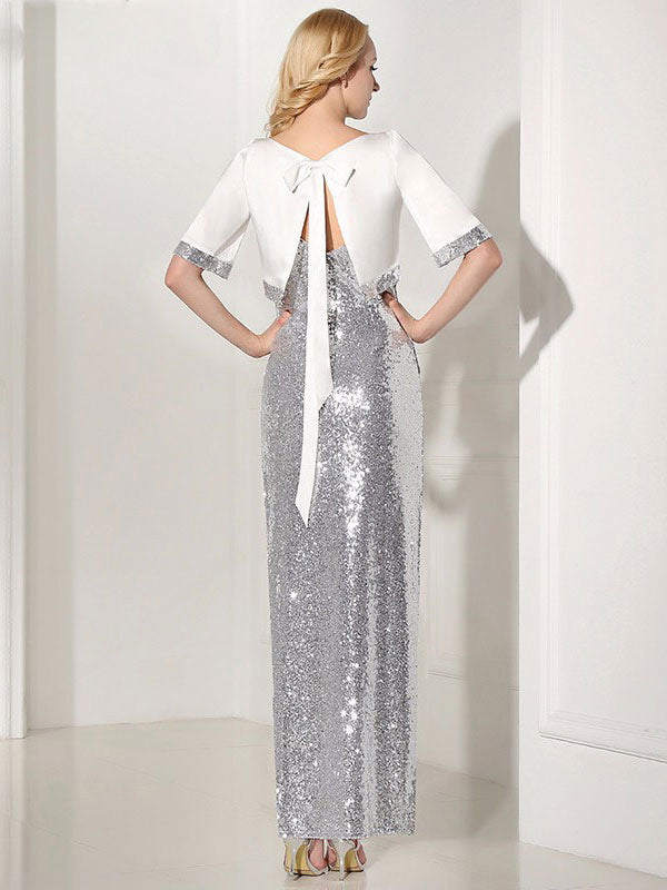 Modern Silver Evening Dress Sequin 2 Piece Mother Dress Sheath Split V Neck Flower Ankle Length Party Dress-Ballbella
