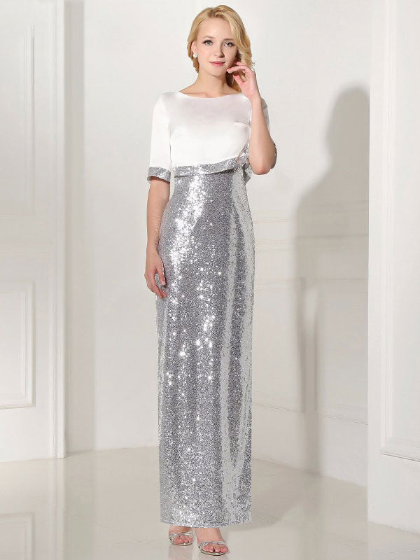 Modern Silver Evening Dress Sequin 2 Piece Mother Dress Sheath Split V Neck Flower Ankle Length Party Dress-Ballbella