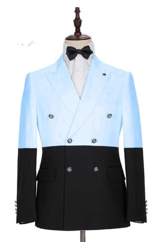 Modern Sky Blue Double Breasted Men Suits with Peaked Lapel