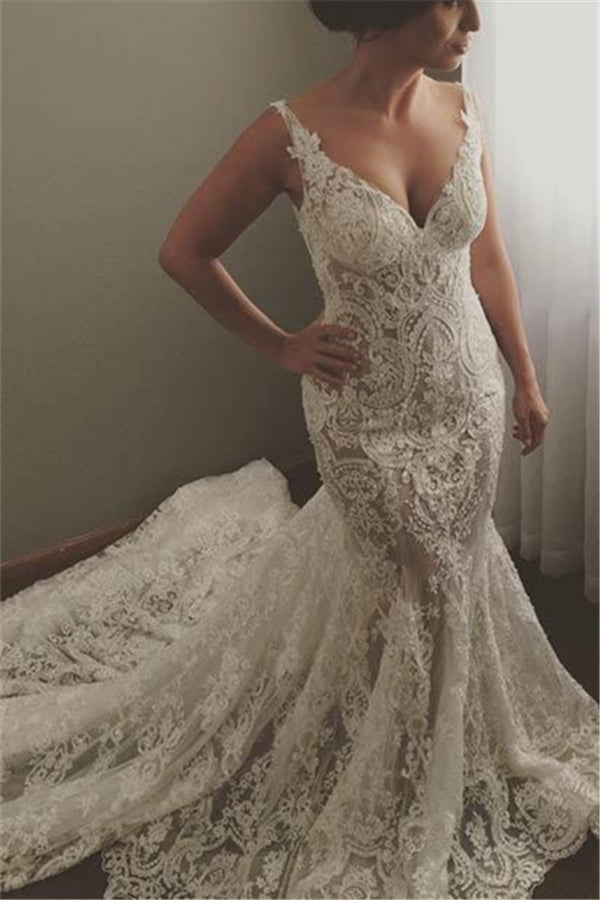 Modern Sleeveless V Neck Wedding Dress Mermaid Bridal Gowns with Lace Appliques-Ballbella
