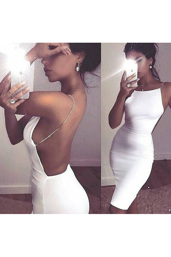 Modern Spaghetti-Strap Short Homecoming Dresses Sleeveless White Backless Cocktail Dress-Ballbella
