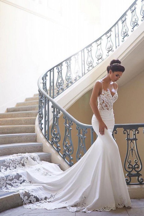 Modern Spaghetti Strap Wedding Dress Mermaid Chiffon Lace Bridal Gown Modern Spaghetti Strap Wedding Dress Mermaid Chiffon Lace Bridal Gown