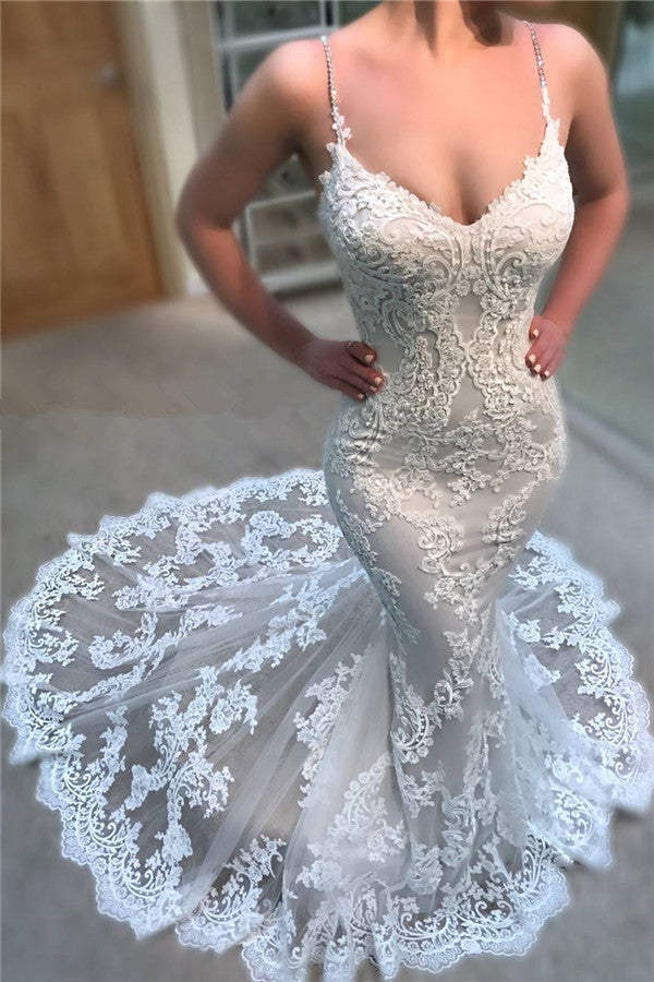 Modern Spaghetti Straps Lace Wedding Dresses Online Mermaid Dresses for Weddings-Ballbella