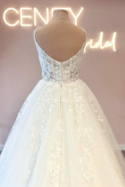 Modern Spaghetti-Straps Sleeveless Long Lace Wedding Dresses Online-Ballbella