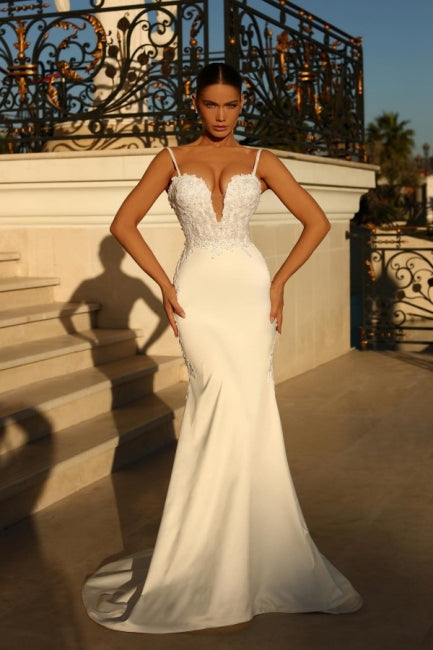 Modern Spaghetti-Straps Sleeveless Mermaid Wedding Dresses Online With Lace-Ballbella
