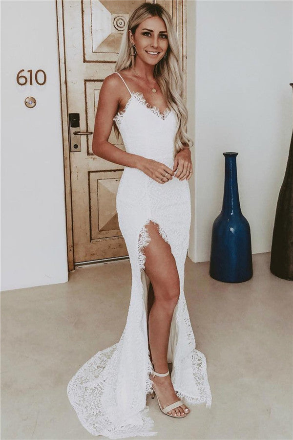 Wanna Prom Dresses, Evening Dresses in Column style,  and delicate Lace work? Ballbella has all covered on this elegant Modern Spaghetti Straps Wholesale Slit Lace Evening Dress Sleeveless Formal Dresses yet cheap price.