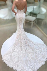Modern Strapless Lace Wedding Dresses Online Classic Mermaid Open Back Bridal Gowns-Ballbella