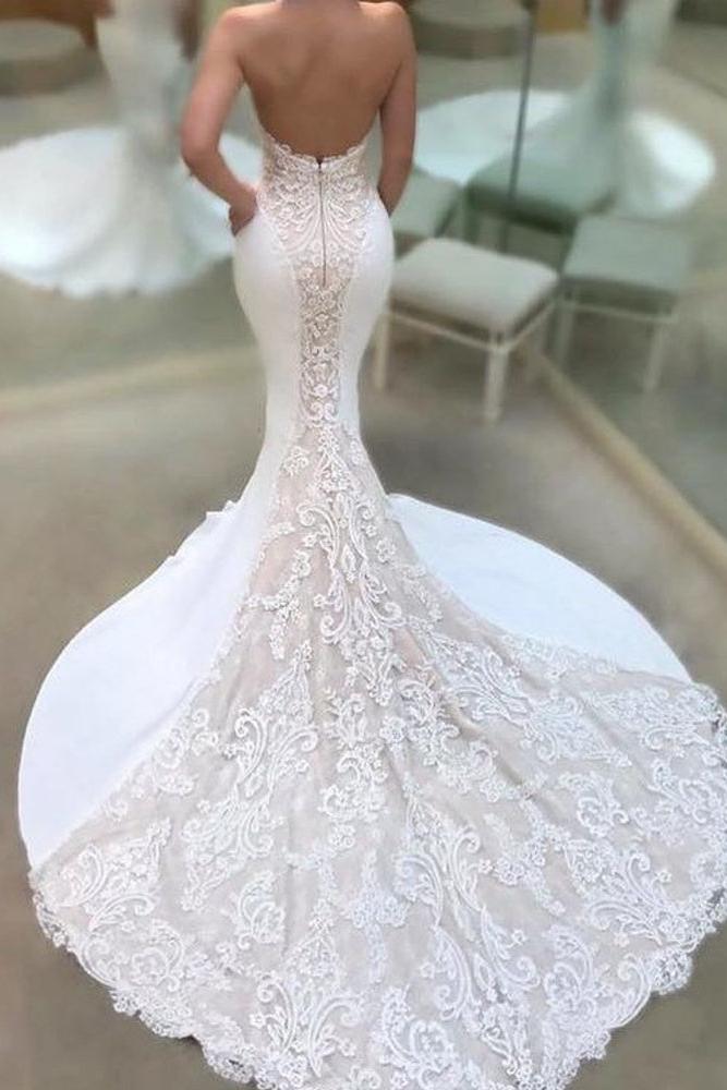 Modern Strapless Lace Wedding Dresses Online Classic Mermaid Open Back Bridal Gowns-Ballbella