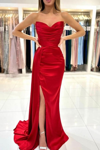 2 piece mermaid dress Red Two Pieces Mermaid Satin Backless Applique Prom Dresses, FC2393