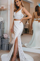 Modern two pieces Spaghetti V Neck Lace Side Slit Beach Wedding Dress-Ballbella