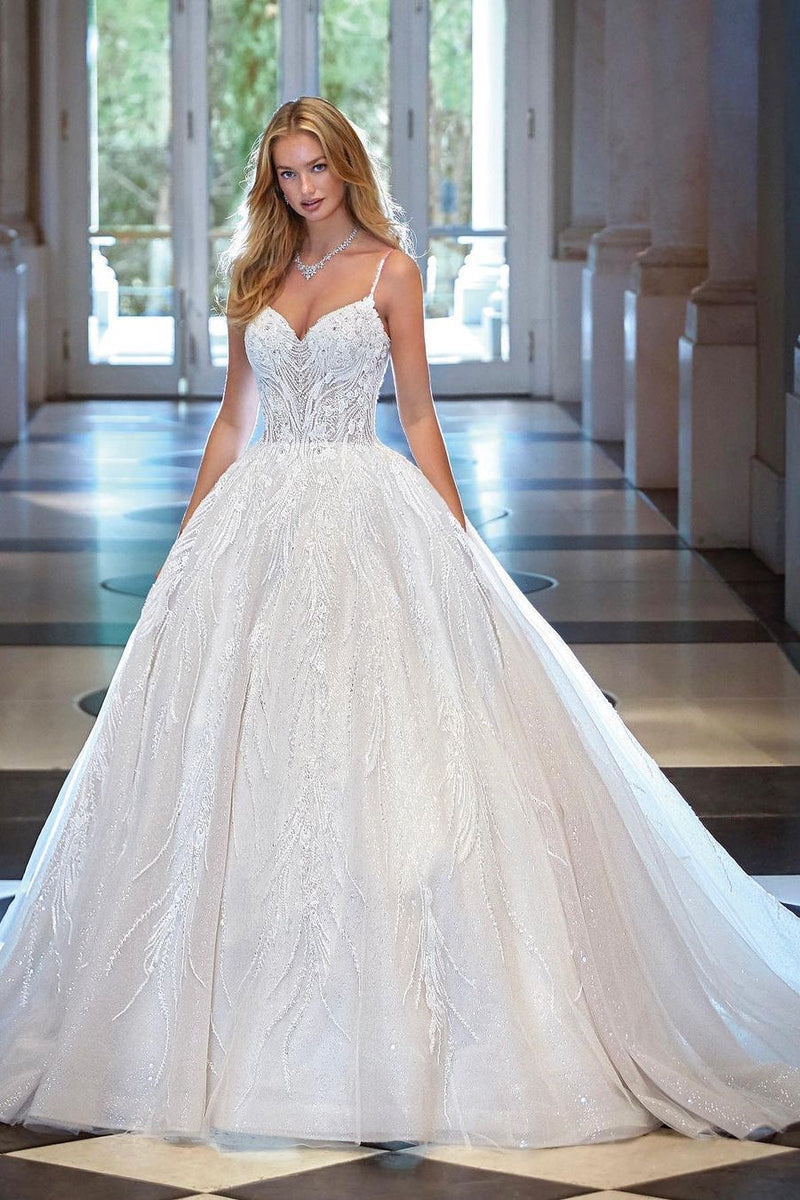 modern v-neck wedding dress Modern Ivory Lace Deep V-Neck Halter Ball Gown Wedding Dress with Train SW185